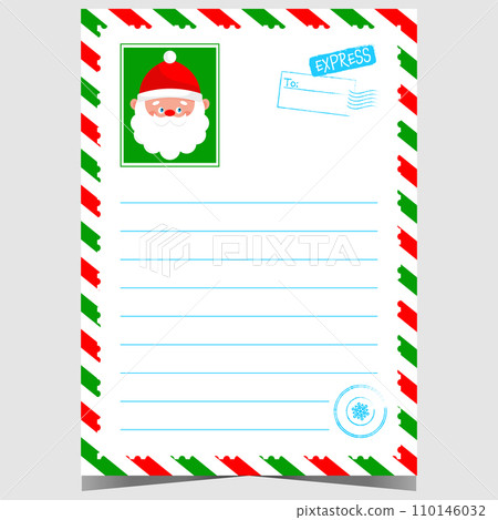 Christmas letter template with cartoon Santa character portrait and North Pole stamp. Vector design of Christmas letter for kids to write a message to Santa during winter holidays. 110146032