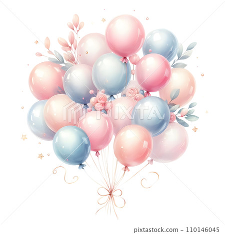 Colorful balloons with ribbons on white background. AI Colorful balloons with ribbons on white background. AI 110146045