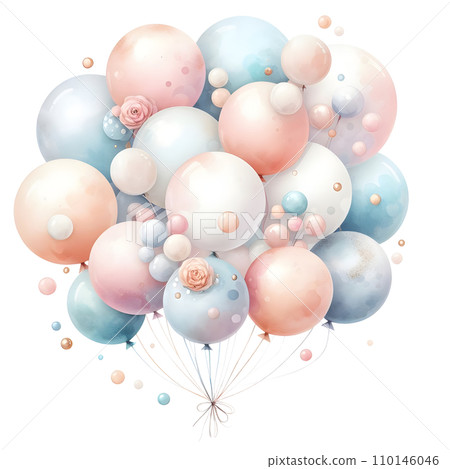 Colorful balloons with ribbons on white background. AI Colorful balloons with ribbons on white background. AI 110146046
