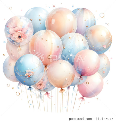 Colorful balloons with ribbons on white background. AI Colorful balloons with ribbons on white background. AI 110146047