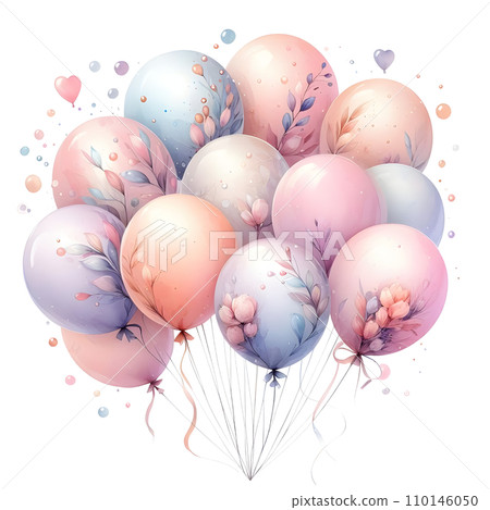 Colorful balloons with ribbons on white background. AI Colorful balloons with ribbons on white background. AI 110146050