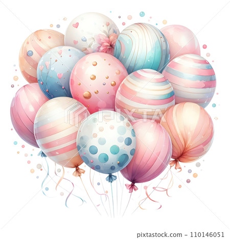 Colorful balloons with ribbons on white background. AI Colorful balloons with ribbons on white background. AI 110146051