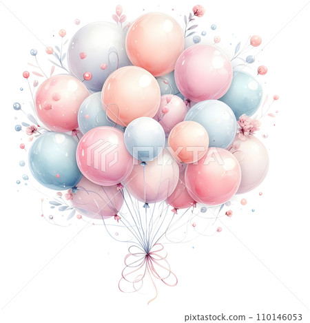 Colorful balloons with ribbons on white background. AI Colorful balloons with ribbons on white background. AI 110146053