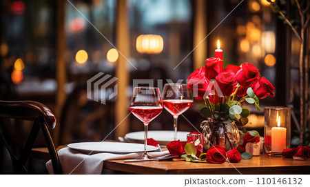 AI-generated content. Festive table setting with elegant wine glasses and beautiful red roses on a Valentine's Day background AI-generated content. Festive table setting with elegant wine glasses and beautiful red roses on a Valentine's Day background 110146132