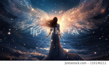 AI-generated content. silhouette of beautiful fantasy angel woman in heaven and on star night background AI-generated content. silhouette of beautiful fantasy angel woman in heaven and on star night background 110146211