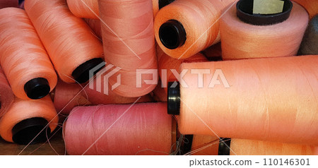 Group of colorful yarn on spool, yarn on tube, cotton, wool, linen thread 110146301