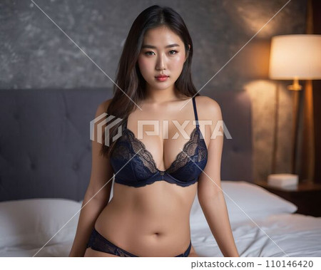 beautiful asian woman in lingerie sitting on bed 110146420