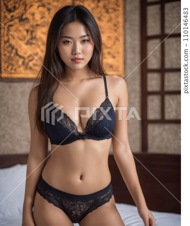 beautiful asian woman in black lingerie posing on bed beautiful asian woman in black lingerie posing on bed 110146483