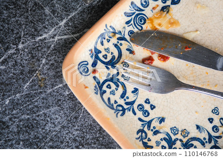Empty plate after eating on table Empty plate after eating on table 110146768