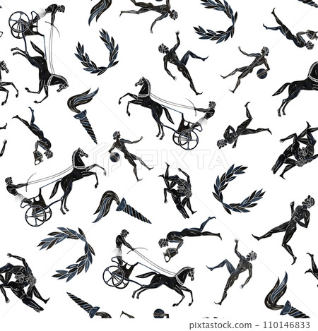Seamless pattern with ancient Greek athletes. In the style of ancient Greek painting. Hand-painted watercolor. Black silhouettes of athletes. For textiles, prints, backgrounds. For packaging, labels. Seamless pattern with ancient Greek athletes. In the style of ancient Greek painting. Hand-painted watercolor. Black silhouettes of athletes. For textiles, prints, backgrounds. For packaging, labels. 110146833