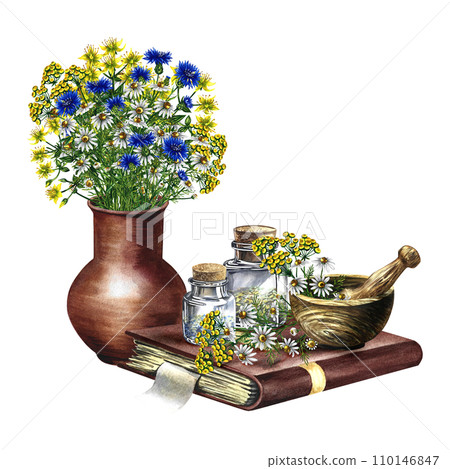 Medicinal herbs, chamomile, cornflowers and tansy. Medicinal plants. A wooden mortar and glass vials on an old recipe book. Hand-drawn watercolor illustration. Isolated. For banner, flyer. Medicinal herbs, chamomile, cornflowers and tansy. Medicinal plants. A wooden mortar and glass vials on an old recipe book. Hand-drawn watercolor illustration. Isolated. For banner, flyer. 110146847