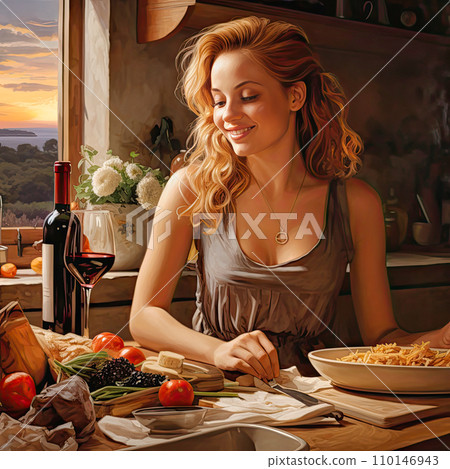 AI-generated content. happy woman preparing family dinner with glass of wine 110146943