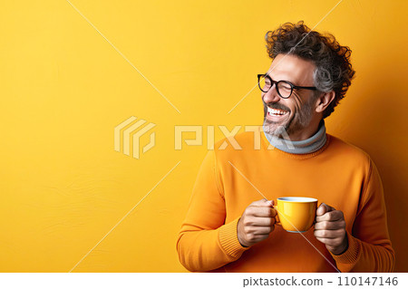 AI-generated content. A cheerful man with a cup in his hands, wearing glasses, has a snow-white smile 110147146