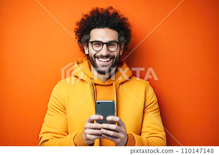 AI-generated content. A cheerful man with a phone in glasses has a snow-white smile 110147148