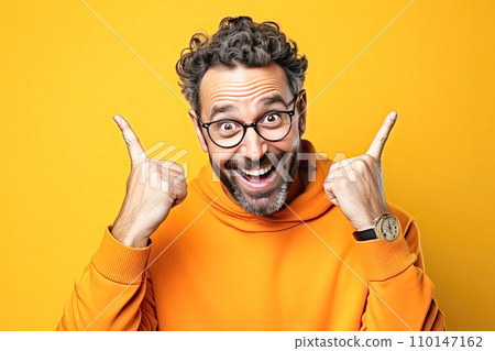 AI-generated content. A cheerful man in glasses has a snow-white smile points to... AI-generated content. A cheerful man in glasses has a snow-white smile points to... 110147162