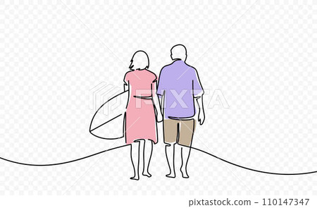 Continuous one line drawing of husband and wife engage in extreme sports after retirement. Single line art illustration on the theme of surfing on a transparent background 110147347