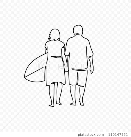Elderly couple with surfboard linear illustration 110147351