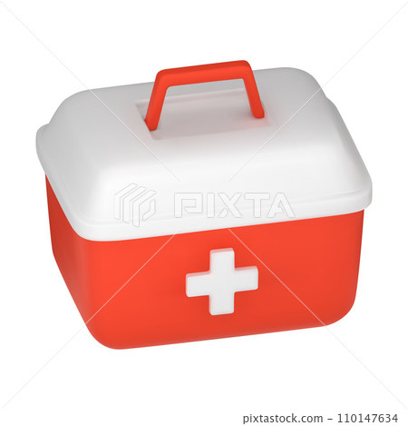 3D vector realistic closed red first aid kit, emergency box. Medical, hospital, doctor care bag. Symbol of safety, urgency help. Vector illustration in cartoon minimal style on a white background 110147634