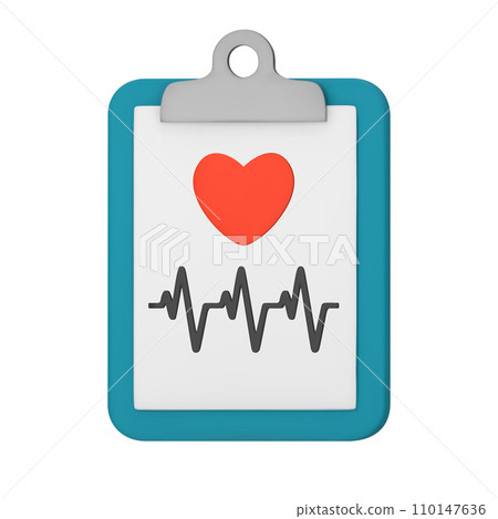 3d medical document with heart and cardiogram. Heart diagnostic, electrocardiography service, ECG procedure. Healthcare, Medical icon. 3D vector illustration isolated on white background. 110147636