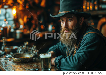 A bearded Leprechaun with green hat and green dress at a bar sits with a glass of green beer. The vintage pub exudes a warm, nostalgic vibe with wooden furniture celebrating St. Patrick's Day. A bearded Leprechaun with green hat and green dress at a bar sits with a glass of green beer. The vintage pub exudes a warm, nostalgic vibe with wooden furniture celebrating St. Patrick's Day. 110148558