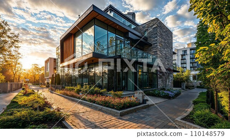 Panoramic view of a luxury dental clinic's facade, showcasing its modern architecture and premium branding, set in an affluent neighborhood, illustrating the clinic's prestigious status and appeal 110148579