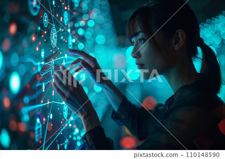 A person interacting with a holographic interface of social network icons and connections, symbolizing the advanced and interconnected nature of modern social media A person interacting with a holographic interface of social network icons and connections, symbolizing the advanced and interconnected nature of modern social media 110148590