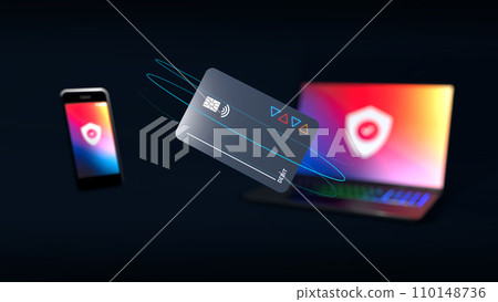 Cash card and high end mobile phone and notebook for secure online banking, money transfers and remittances - 3d illustration 110148736