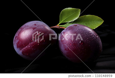 AI-generated content. Two plums with leaf isolated on black background, AI generated 110148959