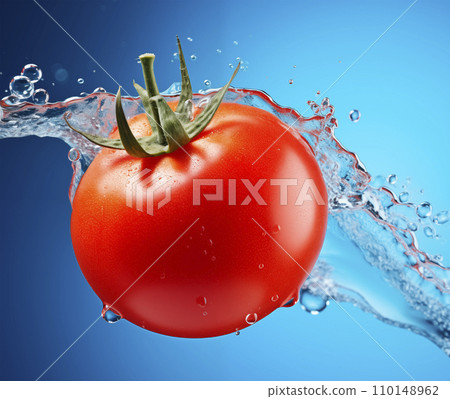 AI-generated content. One falling tomato with water splashing over blue background AI-generated content. One falling tomato with water splashing over blue background 110148962