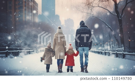 AI-generated content. Happy family Father, mother and children are on winter walk in nature comeliness 110149780