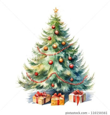 AI-generated content. Watercolor Green Christmas Fir Tree Illustration Isolated Background comeliness 110150381