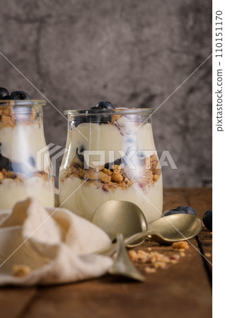 Yogurt parfait with blueberry and granola Yogurt parfait with blueberry and granola 110151170