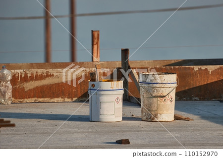 House construction site work tools and buckets 110152970
