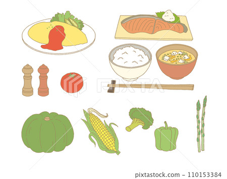 味噌湯 米飯 蛋捲米飯 蔬菜 鮭魚 南瓜 玉米 番茄 青花菜 青椒 110153384