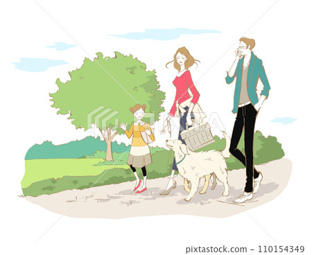 家庭家庭狗狗散步野餐黃金獵犬公園綠色天空樹大自然 110154349