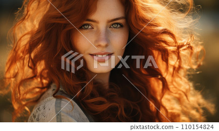 AI-generated content. Portrait of smiling red hair, ginger 45 yo mid age woman outdoors 110154824