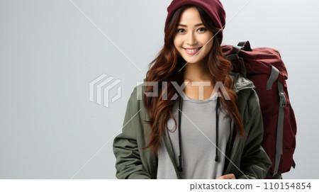 AI-generated content. traveller adult attractive cheerful smiling asian female wear casual cloth with hat and purse ready to travel in summer time vacation ideas concept isolate background 110154854