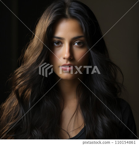 AI-generated content. Beauty brunette girl with long and shiny wavy black hair . Beautiful woman model with hairstyle . 110154861