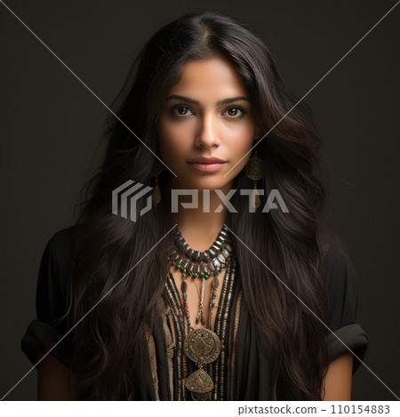 AI-generated content. Beauty brunette girl with long and shiny wavy black hair . Beautiful woman model with hairstyle . 110154883