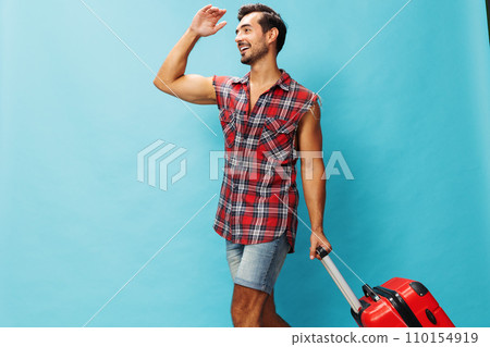 Man vacation trip baggage suitcase travel journey background happy Man vacation trip baggage suitcase travel journey background happy 110154919