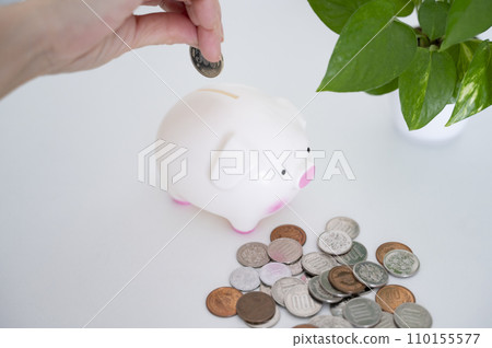 Woman's hand putting coins into pig piggy bank 110155577