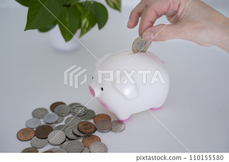 Woman's hand putting coins into pig piggy bank Woman's hand putting coins into pig piggy bank 110155580