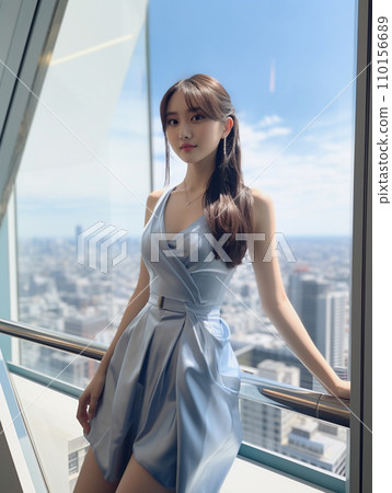 A woman standing on the observation deck of a skyscraper 110156689