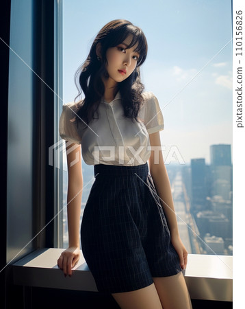 A woman standing on the observation deck of a skyscraper 110156826