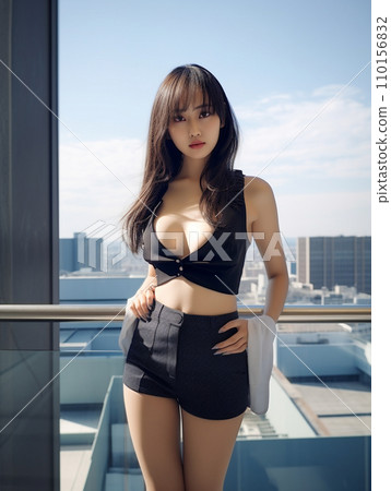 A woman standing on the observation deck of a skyscraper A woman standing on the observation deck of a skyscraper 110156832