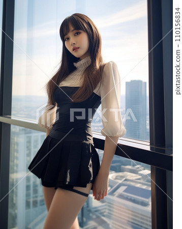 A woman standing on the observation deck of a skyscraper 110156834