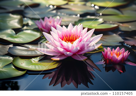 Beautiful pink waterlily flowers in the pond. Zen is about beautiful natural surroundings, high spirituality, compassion, and enlightenment. AI generated image 110157405