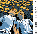 Boys lying in a flower field 110158023