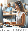European woman working in a call center 110158133