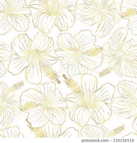 Hibiscus gold foil line art tropic flower seamless pattern. Can be used for textile, fabric, invitations, cards, scrapbook, print, wrap, wallpaper. Floral hand drawn vector background Hibiscus gold foil line art tropic flower seamless pattern. Can be used for textile, fabric, invitations, cards, scrapbook, print, wrap, wallpaper. Floral hand drawn vector background 110158319